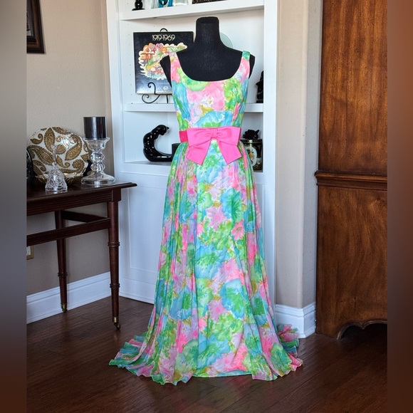 Vintage Guenter Richard Floral Watercolors Chiffon Gown - Picture 5 of 17